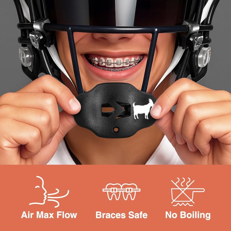 SLEEFS Football Mouth Guard - Youth Mouthguard with Strap - Lip/Teeth Protector Mouthpiece - No Boil - for Youth/Adults, Maximum Air Flow, for All Sports - Goat Emoticon Black - Image 2